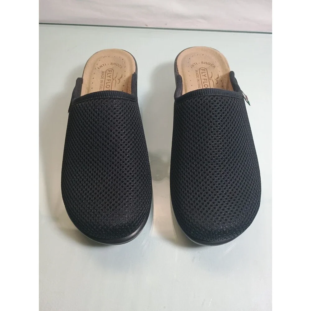 New Fly Flot Womens EU 37 Black Knit Anti Shock Backless Mules Clogs Light